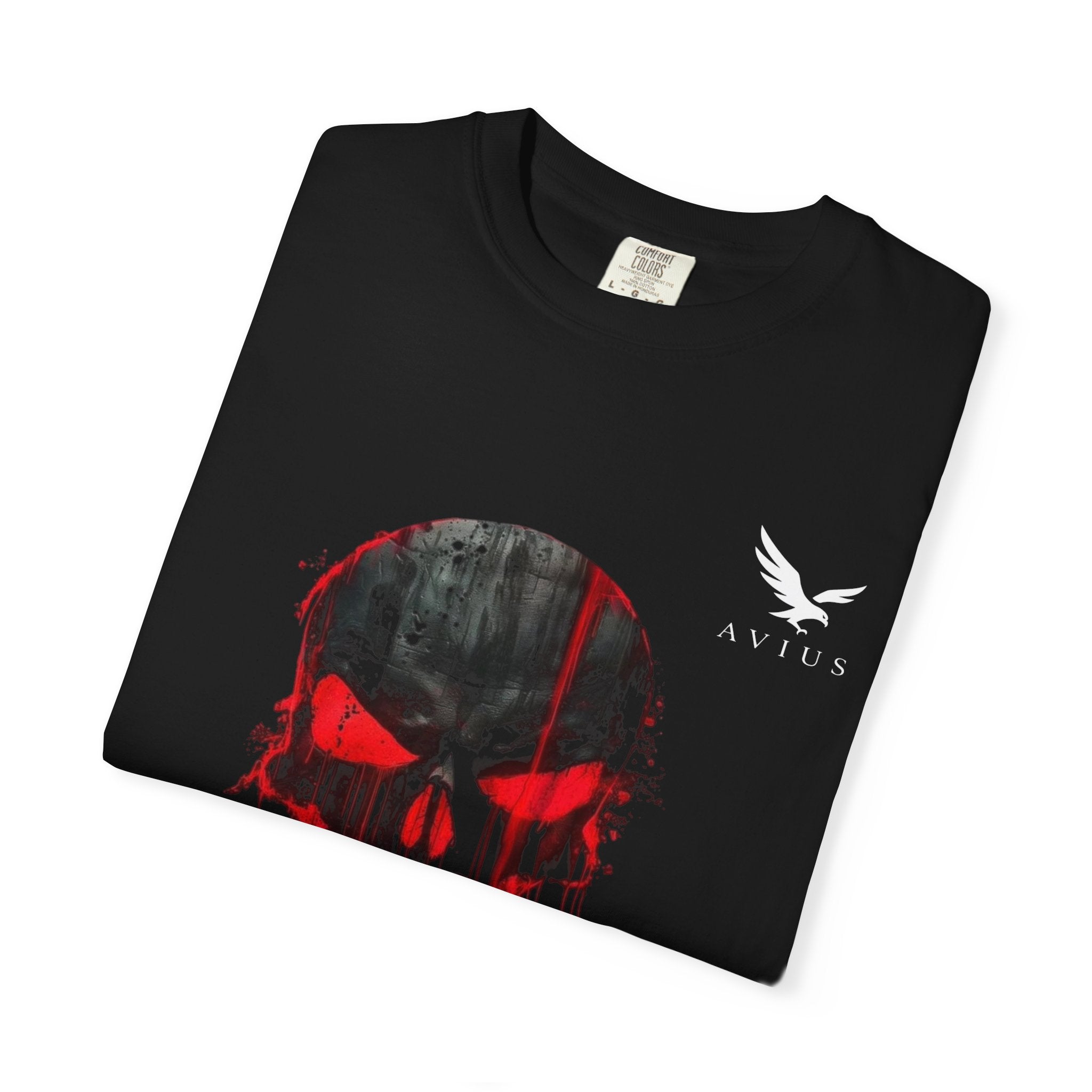 Skull Drip T-Shirt — Red Grunge Punisher Skull with 'AVIUS' Back Print