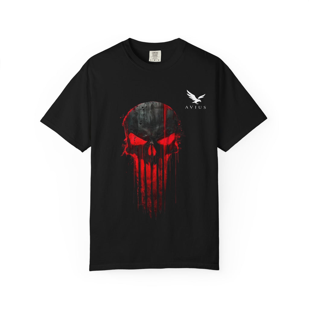 Skull Drip T-Shirt — Red Grunge Punisher Skull with 'AVIUS' Back Print