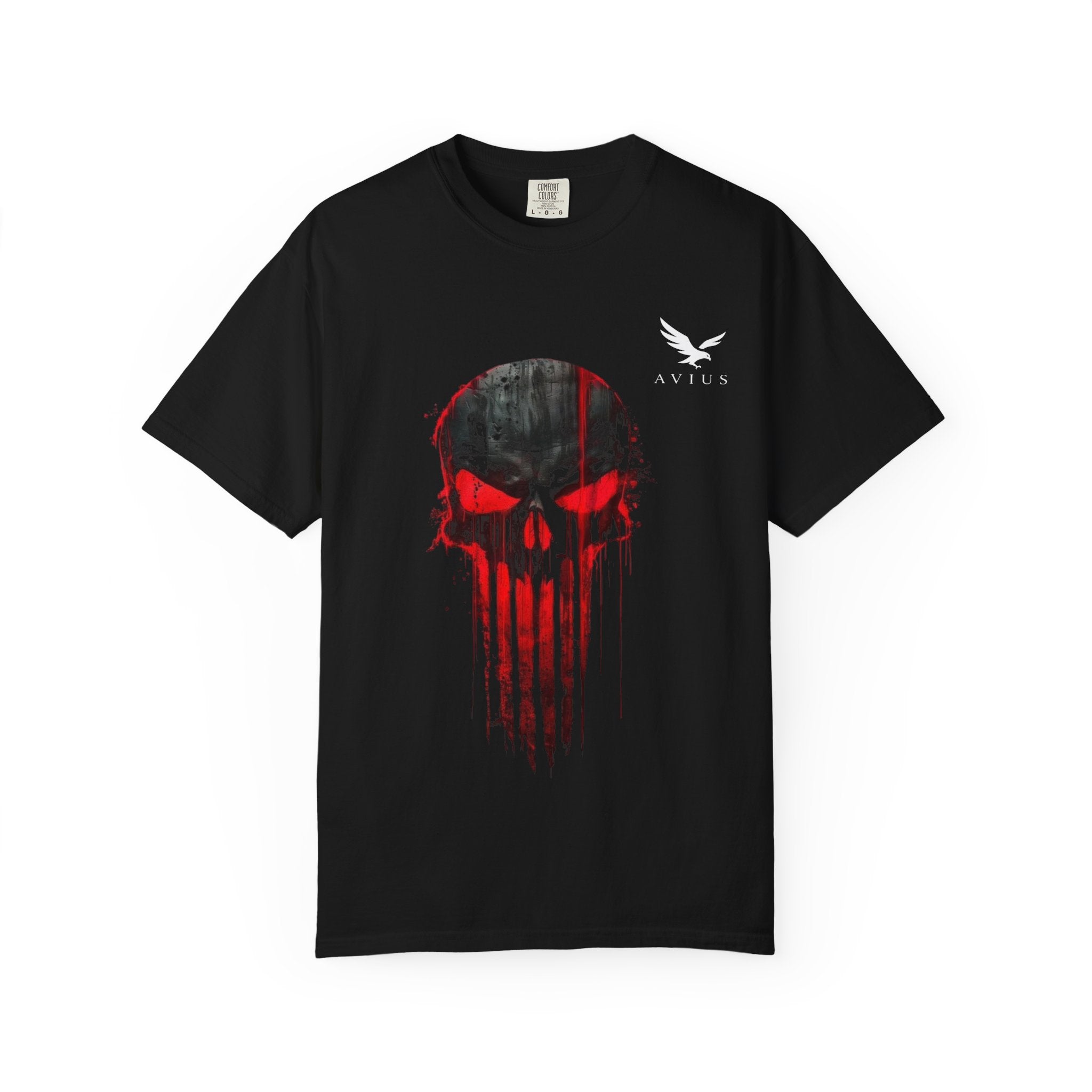 Skull Drip T-Shirt — Red Grunge Punisher Skull with 'AVIUS' Back Print