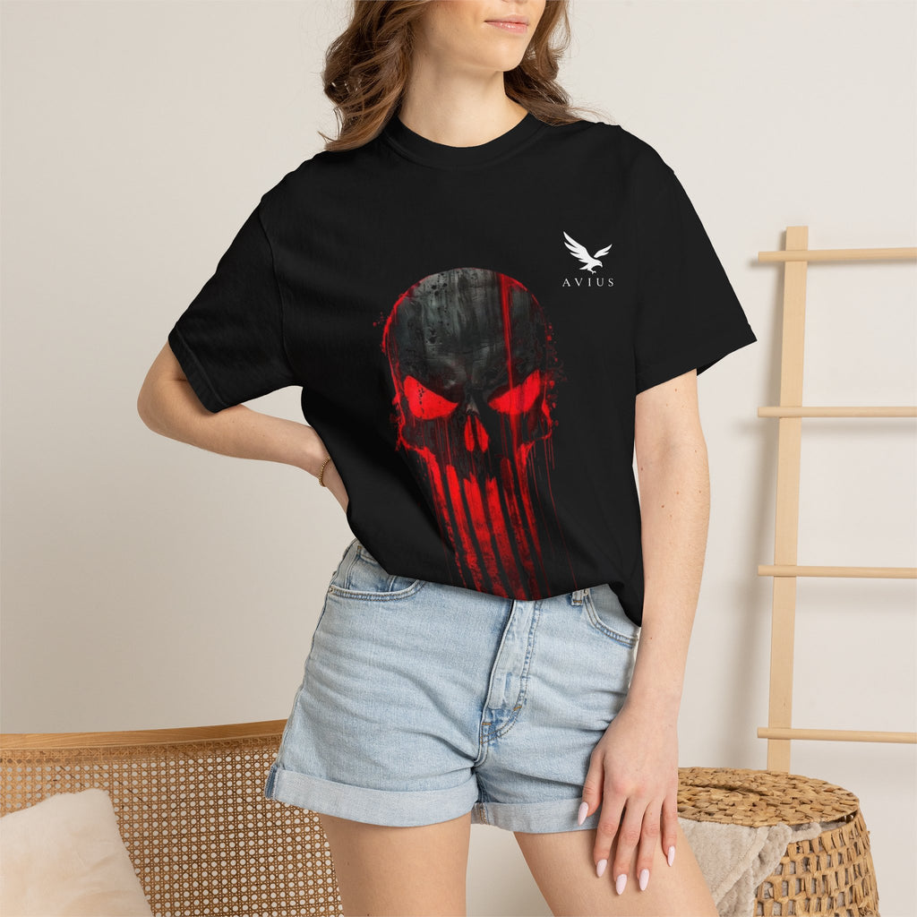 Skull Drip T-Shirt — Red Grunge Punisher Skull with 'AVIUS' Back Print